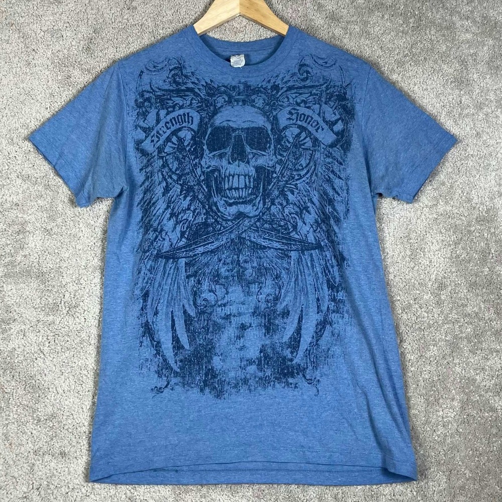 Y2K Skull Graphic T-Shirt Blue Mens Size XL Short Sleeve Grunge Pinkman 2000s